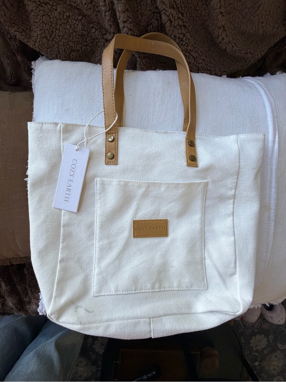 NWT Cozy Earth Canvas Tote Bag Cream Tan Leather Trim Large